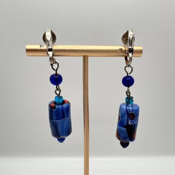 Vintage Venetian Murano Glass Bead Blue Dangle Earrings Clip On - Picture 2 of 5